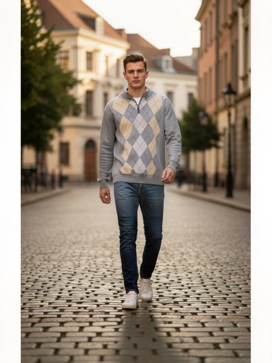 Tasso Elba Other - Tasso Elba Men's Argyle Sweater 1/4 Zip Gray Yellow Cotton Mens Size Large